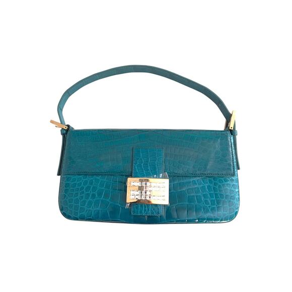 Fendi Handbags - Vintage Blue Crocodile Skin Rhinestone Buckle Baguette